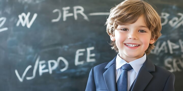 An adorable school boy with a bright smile stands in front of a blackboard covered in alphabet letters and numbers - Powered by Adobe
