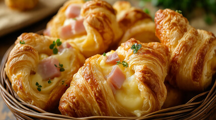Mini Croissants Filled With Ham and Cheese, Arranged in a Basket, Highlighting the Flaky Pastry and Savory Filling