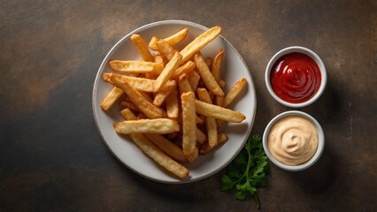 A plate of crispy crinkle-cut fries with ketchup and mayonnaise dipping sauces.
