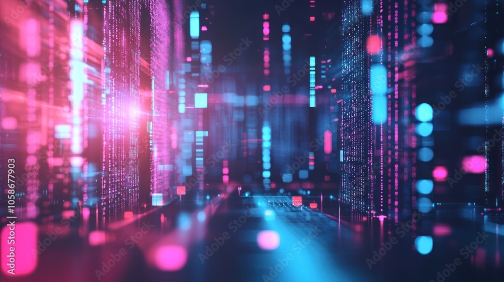 Wall mural abstract digital background with pink and blue lights and data streams.
