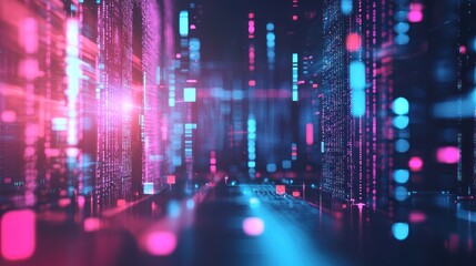 Fototapeta premium Abstract digital background with pink and blue lights and data streams.