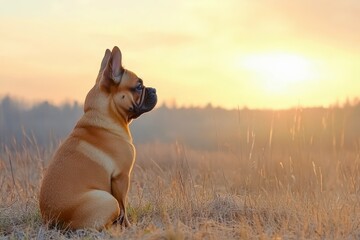 French Bulldog adult dog, sturdy build, sitting with calm and loyal expression, fawn coat and large ears