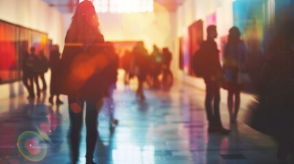 A hazy gallery scene with s of people admiring the photos on display.
