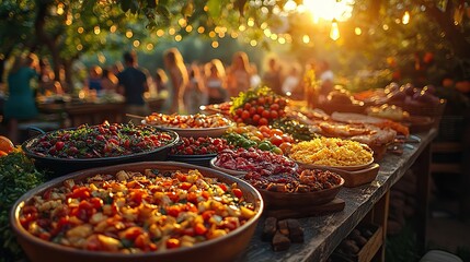 An outdoor summer party with food on the table and warm, inviting atmosphere, with people standing nearby