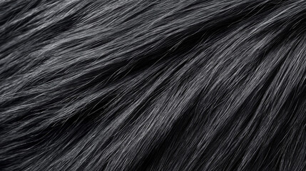 Close-up view of dark black fur texture with flowing strands creating a rich, soft and luxurious appearance