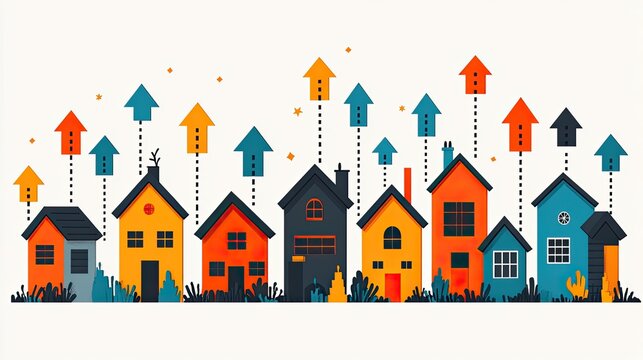 An upward-trending real estate graph, with houses and arrows symbolizing the growth of property values over time