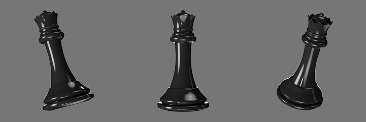 Set of Black Queen Chess Character Realistic 3D Illustration Isolated