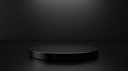 Pedestal platform with a black stand podium in a dark room background, featuring a blank exhibition or empty product shelf in 3D rendering.