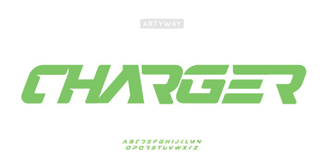 Speed futuristic font, bold italic cutout letters, dynamic angular alphabet for automotive branding, electric vehicle logo, impactful headline. Clean energy typography. Vector typeset.