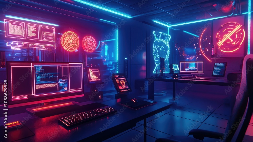 Poster Brain-computer interface with neon lights in a high-tech lab, depicting advanced mind-machine interface.