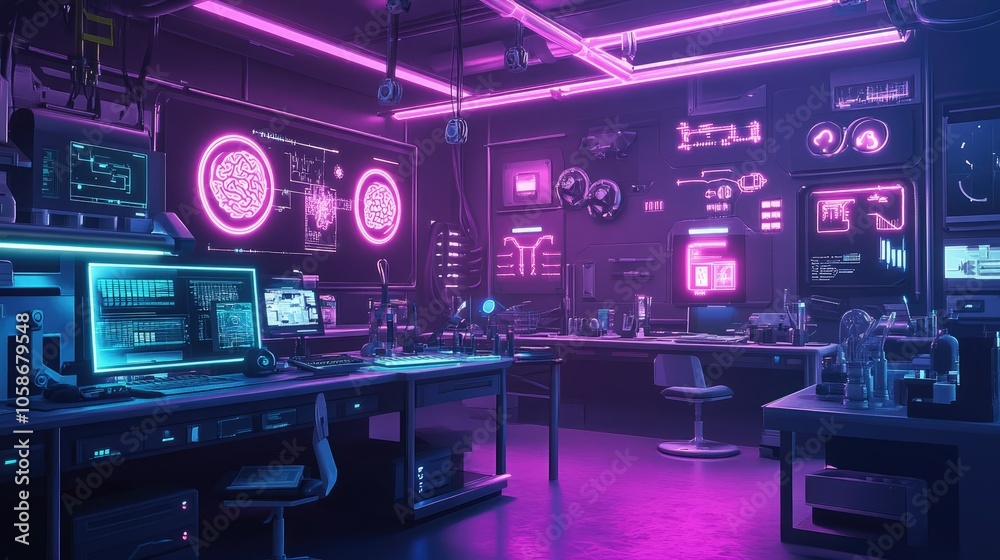 Aufkleber Brain-computer interface with neon lights in a high-tech lab, depicting advanced mind-machine interface.