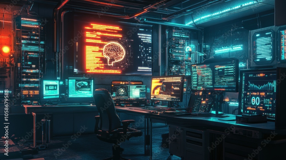 Aufkleber Brain-computer interface with neon lights in a high-tech lab, depicting advanced mind-machine interface.
