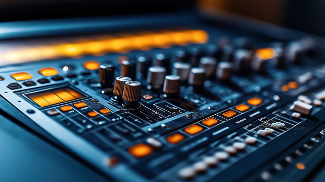 Close-up of an audio mixing console with illuminated buttons and knobs in a recording studio setting, emphasizing control and sound engineering