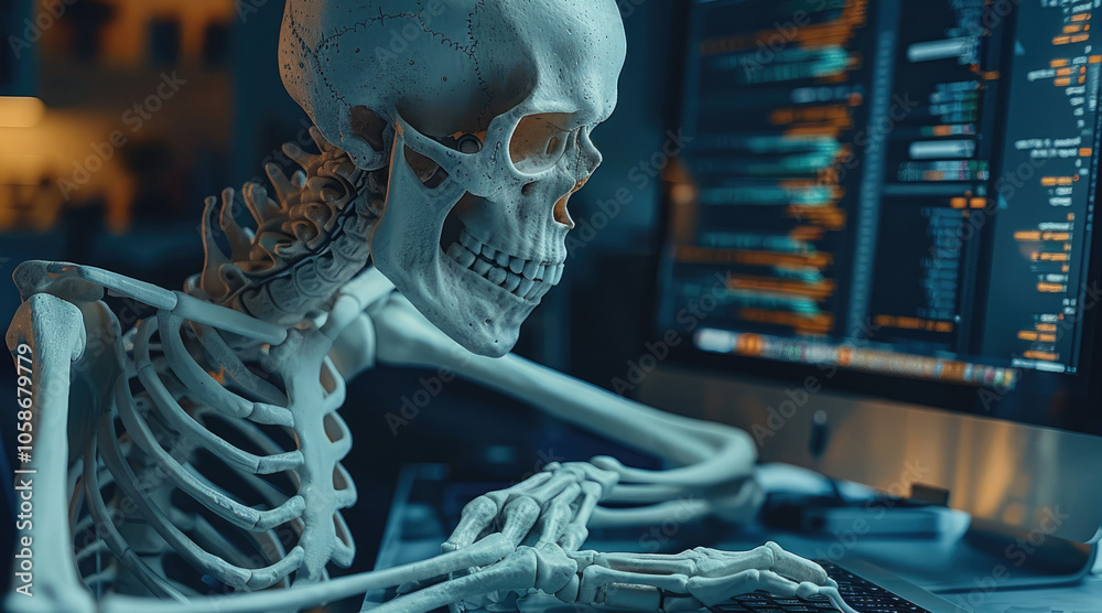 Poster A skeleton hunched over a computer with lines of code on the screen.