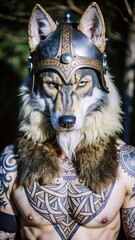 Obraz premium Wolf warrior: fierce viking with tribal tattoos and helm in forest setting
