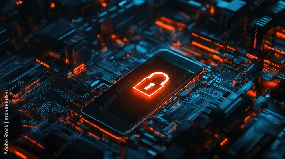 Poster Cybersecurity concept showing mobile with digital padlock, representing data safety in a network.