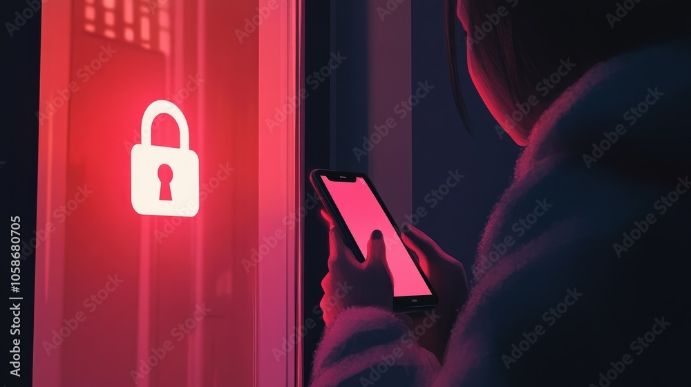 Aufkleber Cybersecurity concept with a user holding a phone, padlock icon indicating data encryption and privacy.