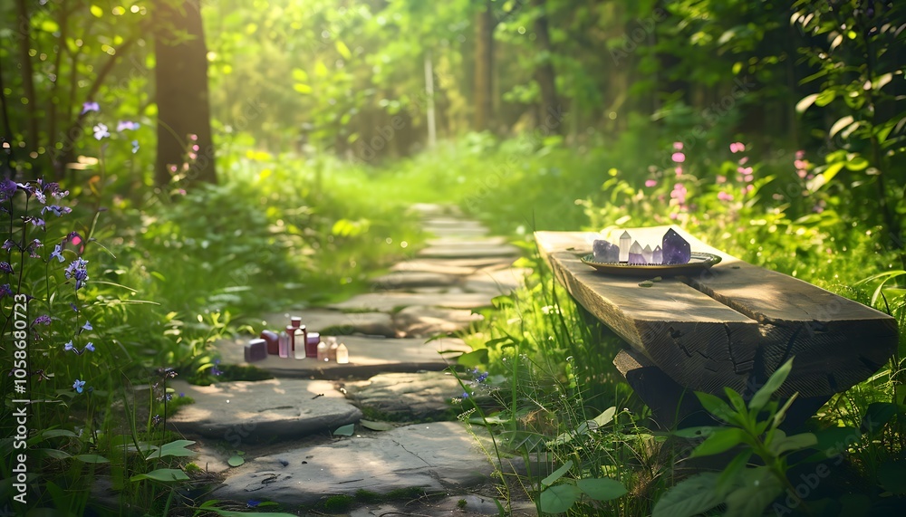 Poster a serene pathway through a lush forest, featuring a stone bench and vibrant greenery, illuminated by