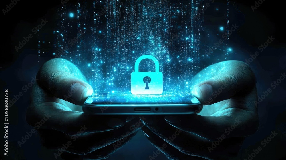 Aufkleber Cybersecurity concept with a user holding a phone, padlock icon indicating data encryption and privacy.