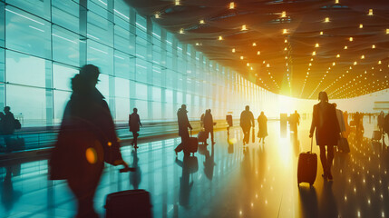 People with traveling luggage walking through an airport terminal.