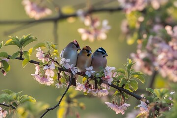 Obraz premium Three birds chirping peacefully in the warm spring sunlight amidst blossoming flowers.