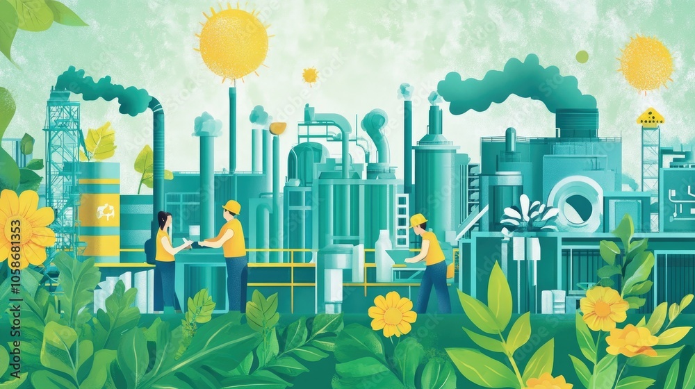 Poster Factory workers handling sustainable materials, emphasizing reduced emissions and green practices.