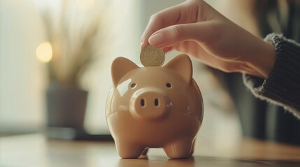 Female hand depositing a coin into a piggy bank, minimalistic design, financial planning and savings.
