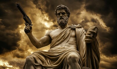 Obraz premium A statue holding a gun and bread.