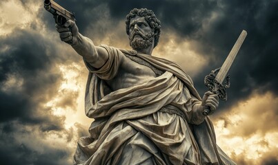 A marble statue holding a gun and a sword.