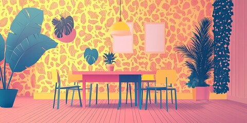 Obraz premium Dining room with neon touches, vibrant patterned wallpaper, flat design illustration