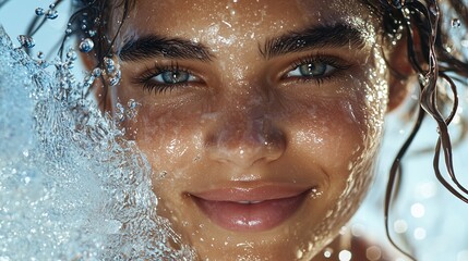 Young woman with clean skin and water splash symbolizes hydration and freshness.