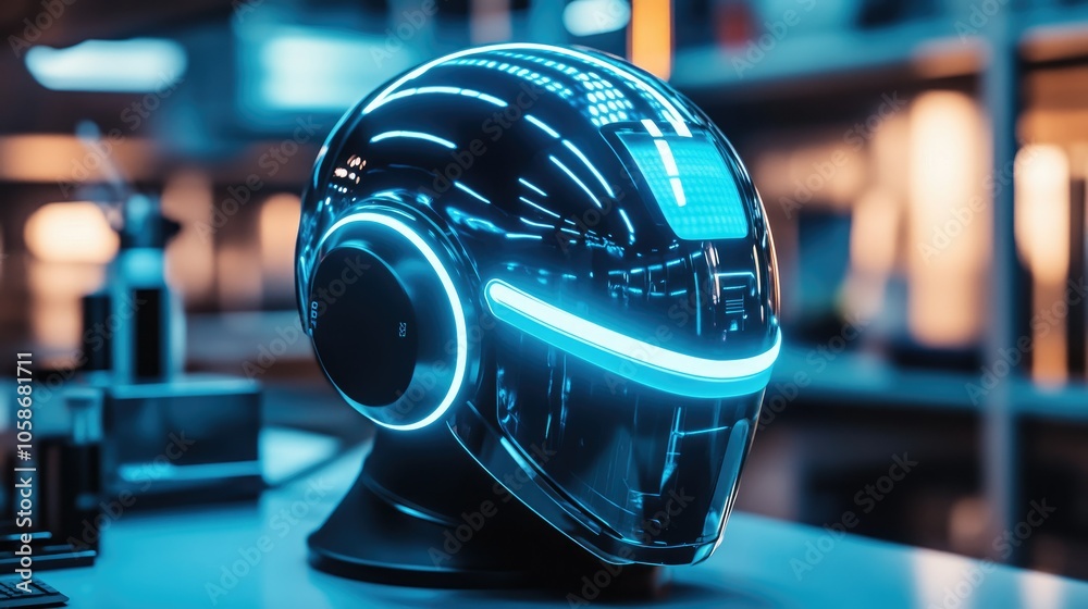 Poster futuristic helmet glowing in neon blue, set in a high-tech lab, representing cutting-edge bci techno