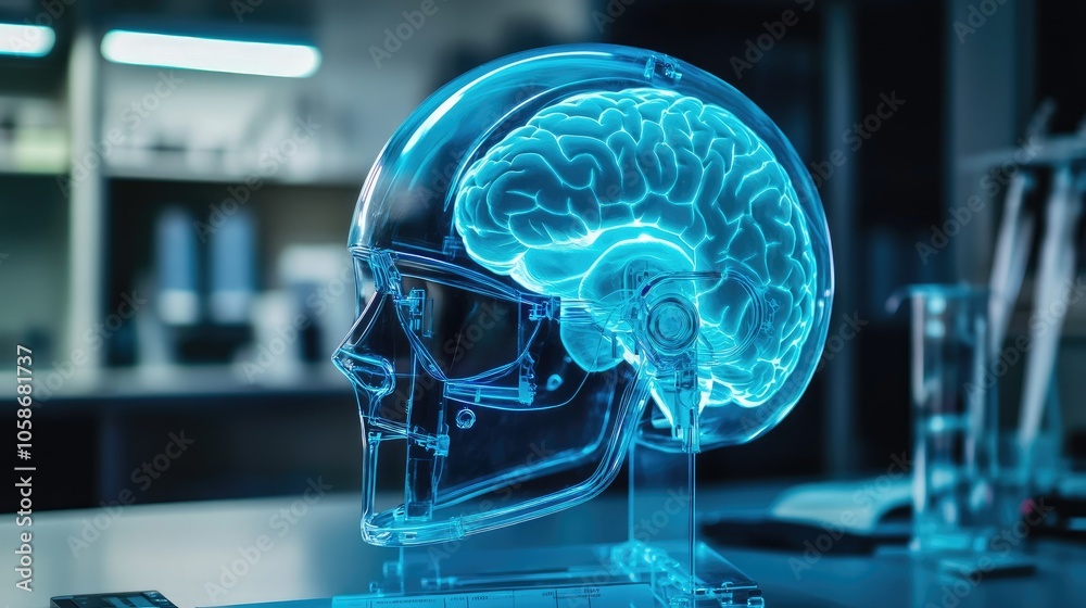 Poster futuristic helmet glowing in neon blue, set in a high-tech lab, representing cutting-edge bci techno