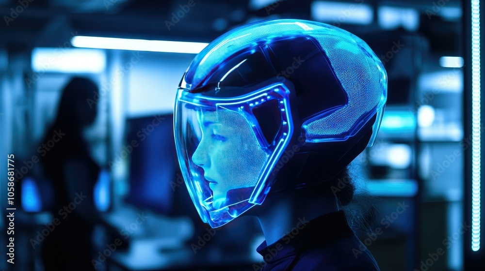 Poster futuristic helmet glowing in neon blue, set in a high-tech lab, representing cutting-edge bci techno