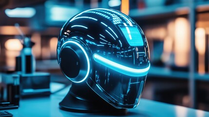 Futuristic helmet glowing in neon blue, set in a high-tech lab, representing cutting-edge BCI technology.