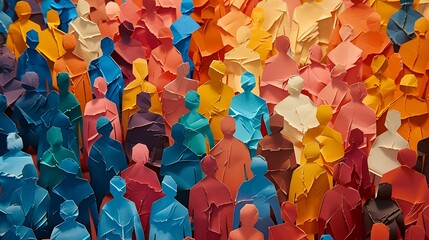 The banner background of a colorful crowd of people made of cut-out paper represents a dense mob gathered at a public event