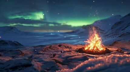 Fototapeta premium Campfire with aurora lights in snowy landscape