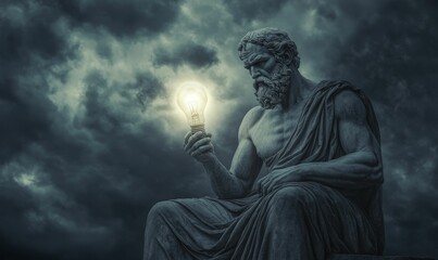 Obraz premium A statue holding a lightbulb against a stormy sky.