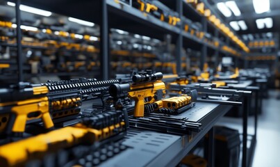 Yellow and black rifles on shelves.
