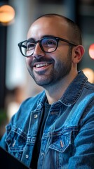 Obraz premium A Photograph of a clean shaven middle age smiling with big glasses man holding a computer