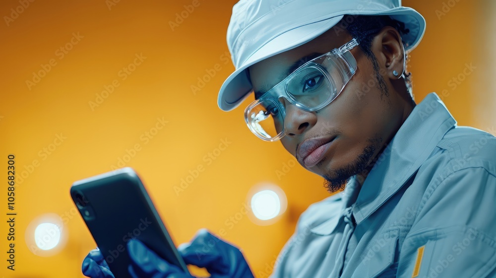 Poster professional technicians in uniform is disassembling smartphones
