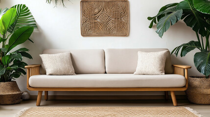 Fototapeta premium Cozy living room with beige sofa, wooden accents, decorative pillows, large green plants, woven rug, and artistic wall hanging in a natural, relaxed style.