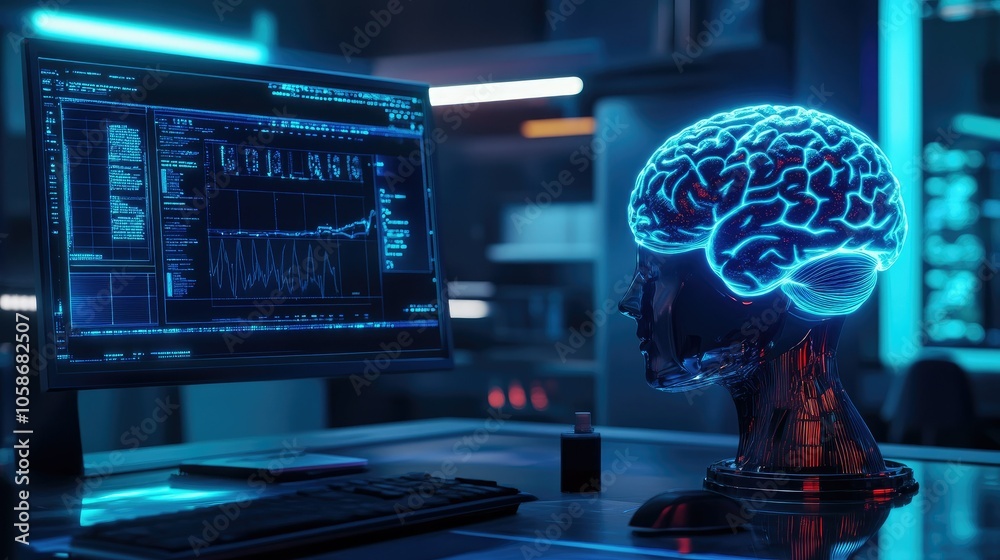 Poster High-tech lab setting with a sleek, neon-lit brain-computer interface helmet, futuristic design.