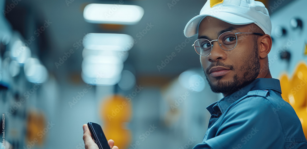 Poster professional technicians in uniform is disassembling smartphones