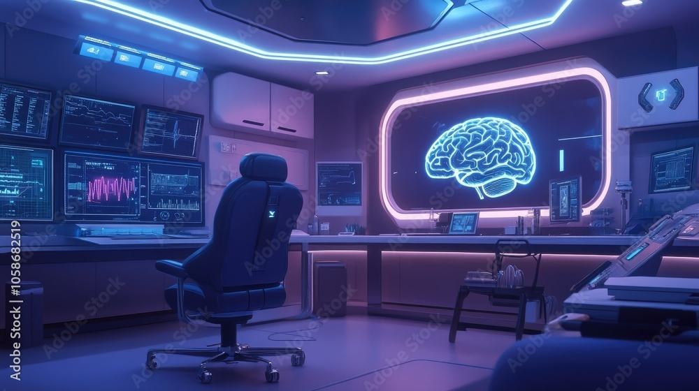 Poster High-tech lab setting with a sleek, neon-lit brain-computer interface helmet, futuristic design.
