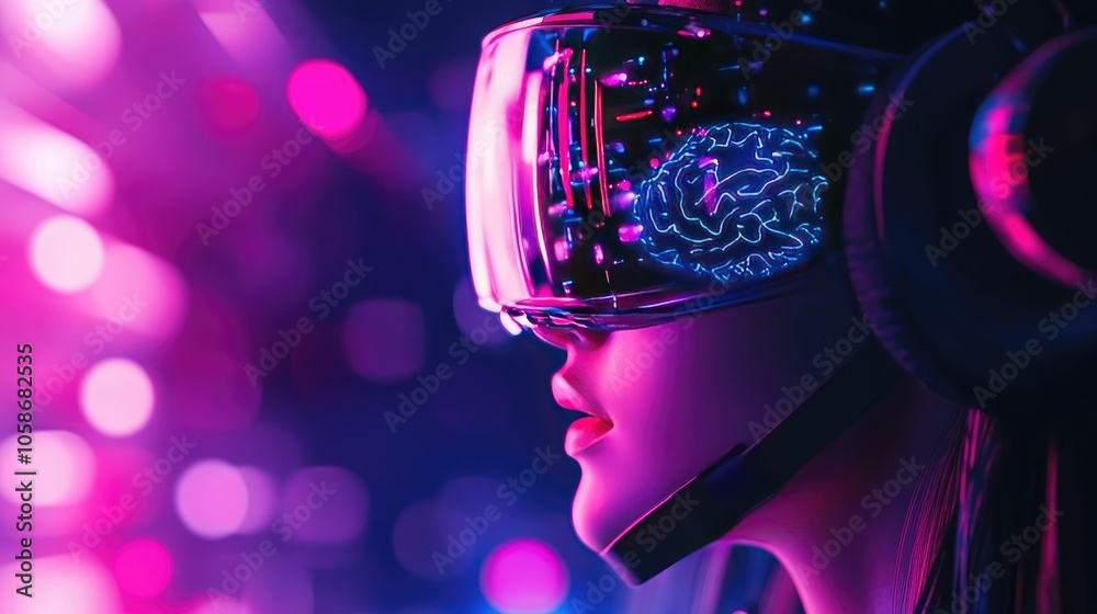 Poster High-tech lab showcasing neon-lit brain-computer interface helmet, sleek design with a futuristic aura.