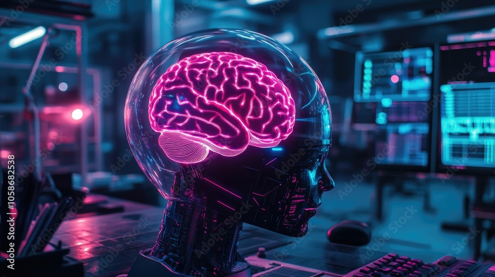 Poster High-tech lab showcasing neon-lit brain-computer interface helmet, sleek design with a futuristic aura.