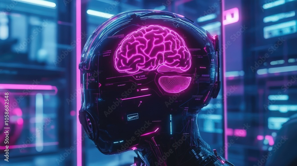 Poster High-tech lab showcasing neon-lit brain-computer interface helmet, sleek design with a futuristic aura.