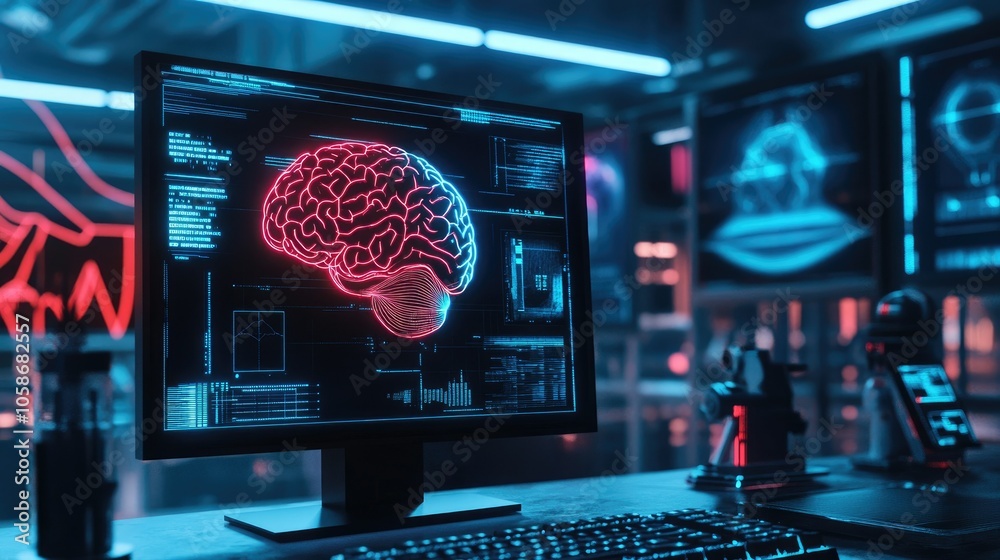 Aufkleber high-tech lab showcasing neon-lit brain-computer interface helmet, sleek design with a futuristic au