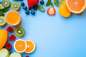 Fresh fruit and a glass of orange juice on a blue background, banner, top view, place for text